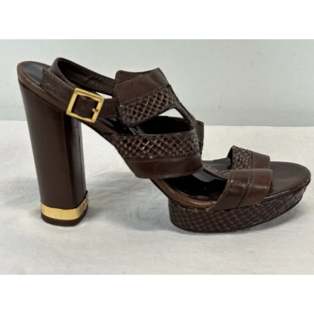 Tory Burch Karmen Strappy Heels Shoes Sz 7 Women's Brown Block Python Embossed